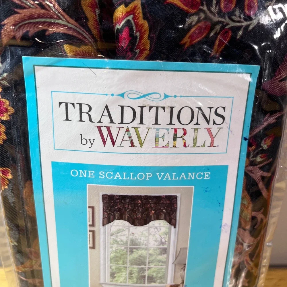 Traditions by Waverly Navarra Onyx Scallop Valance 52x16 Floral Paisley Black